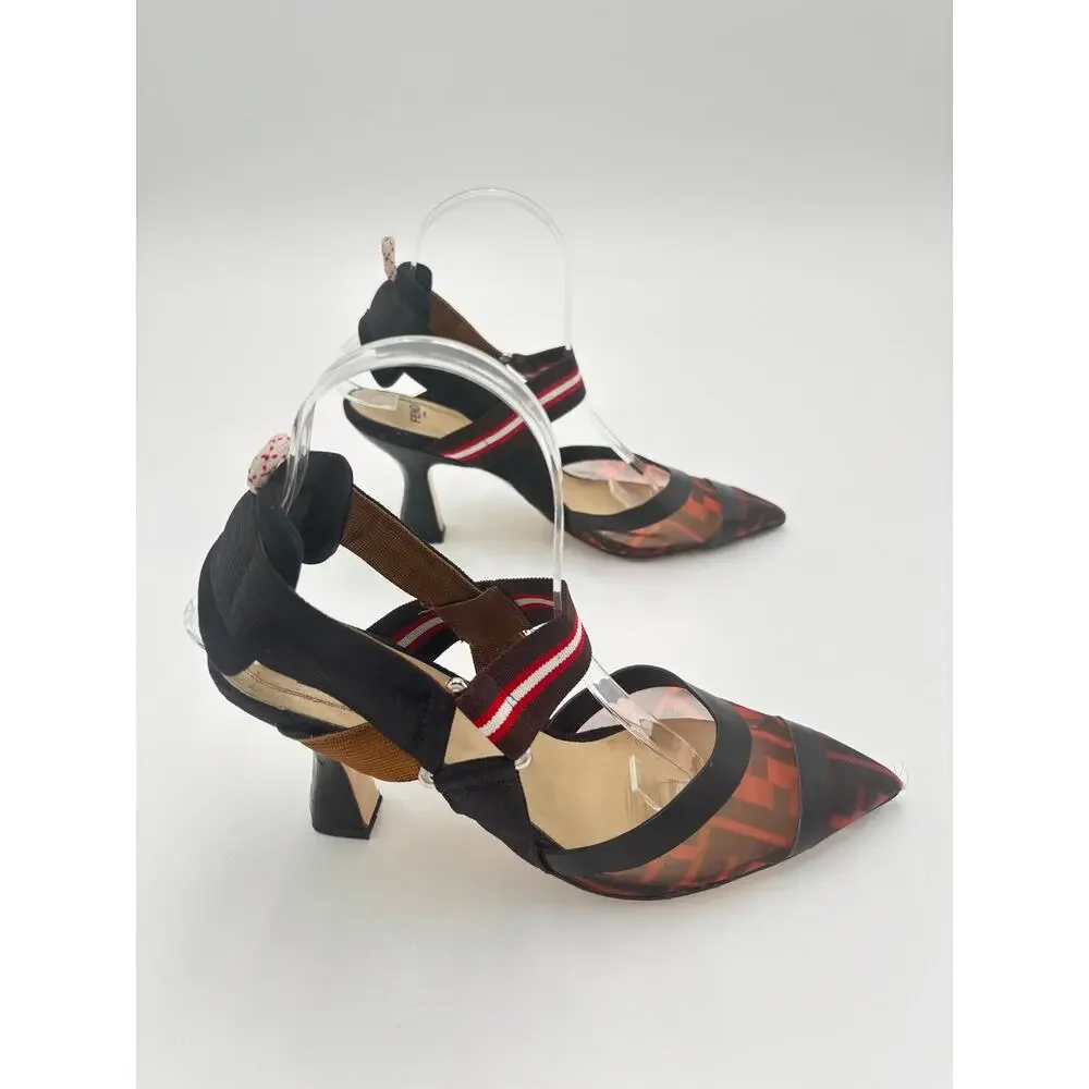 Fendi Colibri FF Monogram Mesh Slingback Kitten Heels Zucca Brown Pumps Size 39